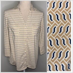 J McLaughlin stretch jersey 3/4 sleeve button front shirt tan navy blue Medium